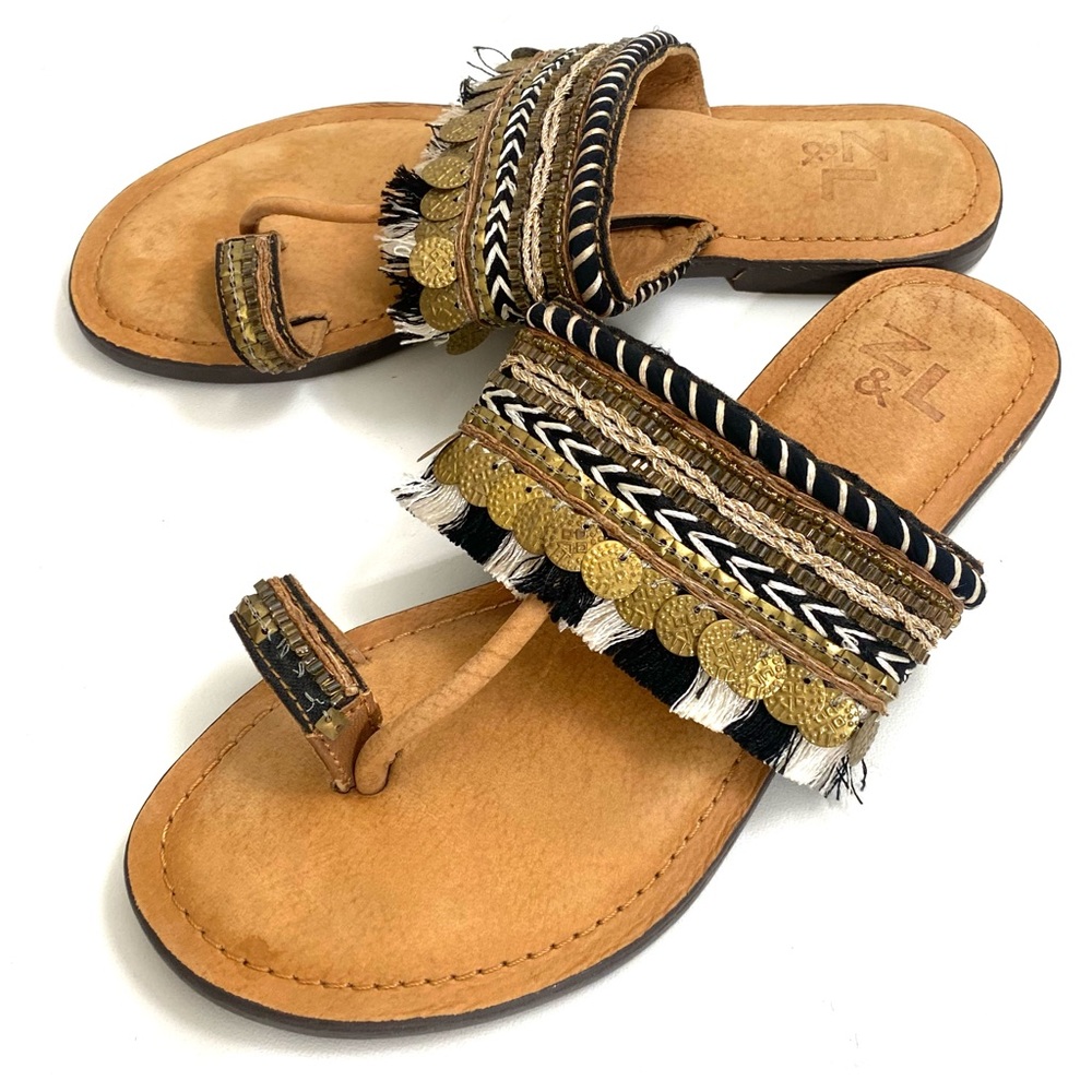 Z&L Boho Sandals 7 / 37 Beaded Fringe Tassel Leather Slides Toe Ring Thongs Flat